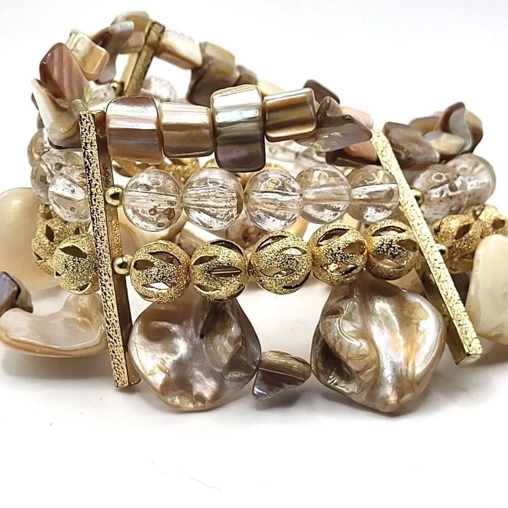 Bohemian Abalone Gold and Crystal Multilayer Beaded Bangle Bracelet 8.5in